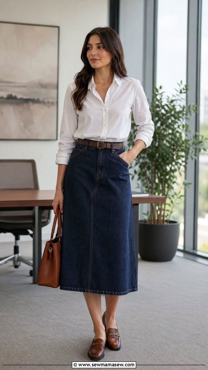 Button Down Shirt Tucked into Denim Midi Skirt - 35 denim skirt outfits inspo