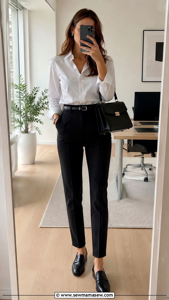 Button Down Shirt Tucked into Slim Trousers - 25 Outfit ideas for hourglass figure for work