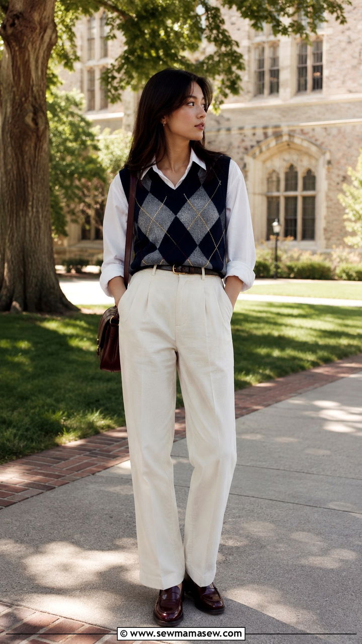 Button Down Shirt Under Sweater Vest Ensemble - 25 transitional travel outfit ideas