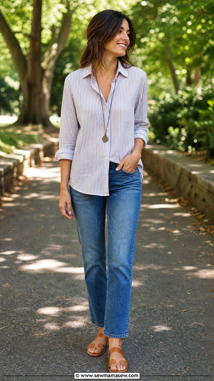 Button Down Shirt Untucked With Straight Leg Jeans Outfit For Short Torso - 25 Outfits for short torso women
