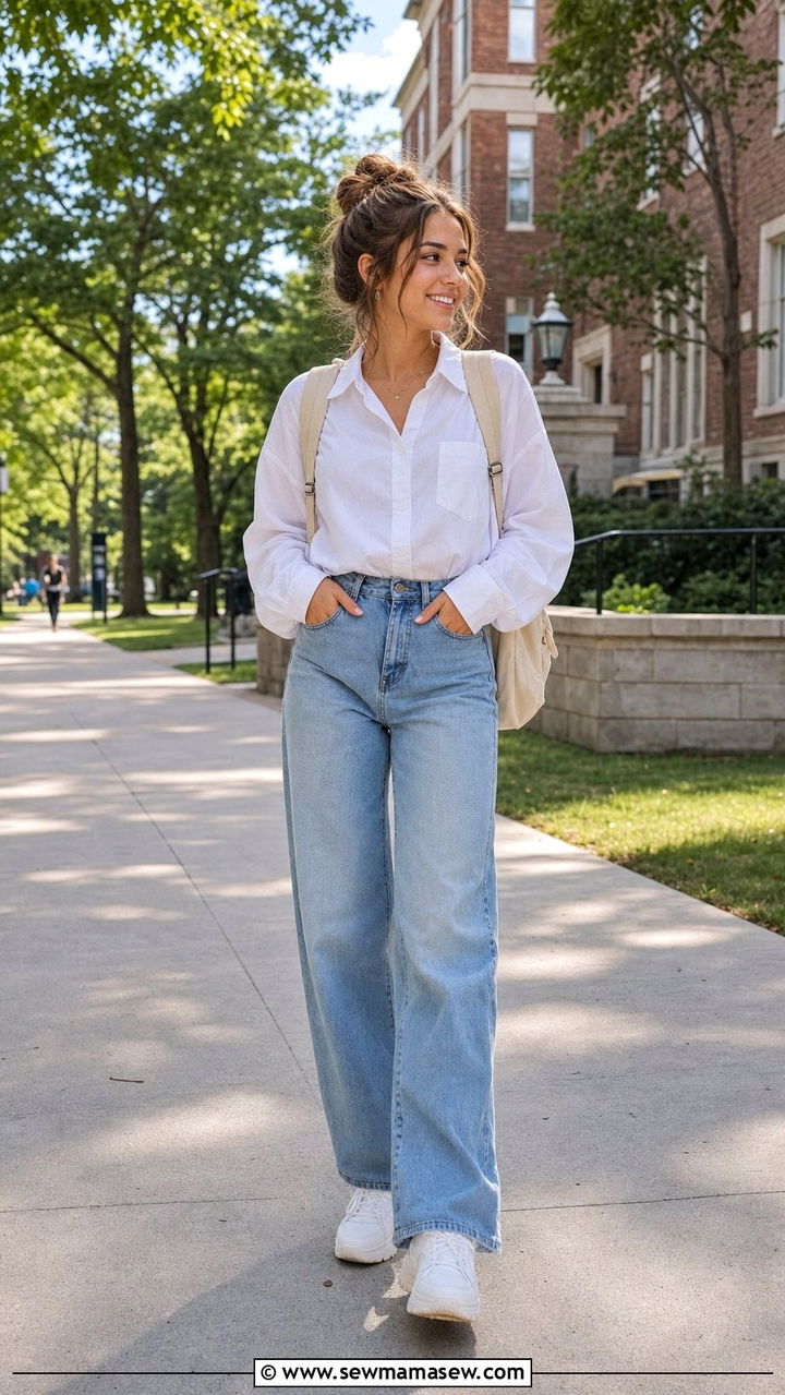 Button Down Shirt Wide Leg Jeans College Outfit - 25 College outfit ideas modest