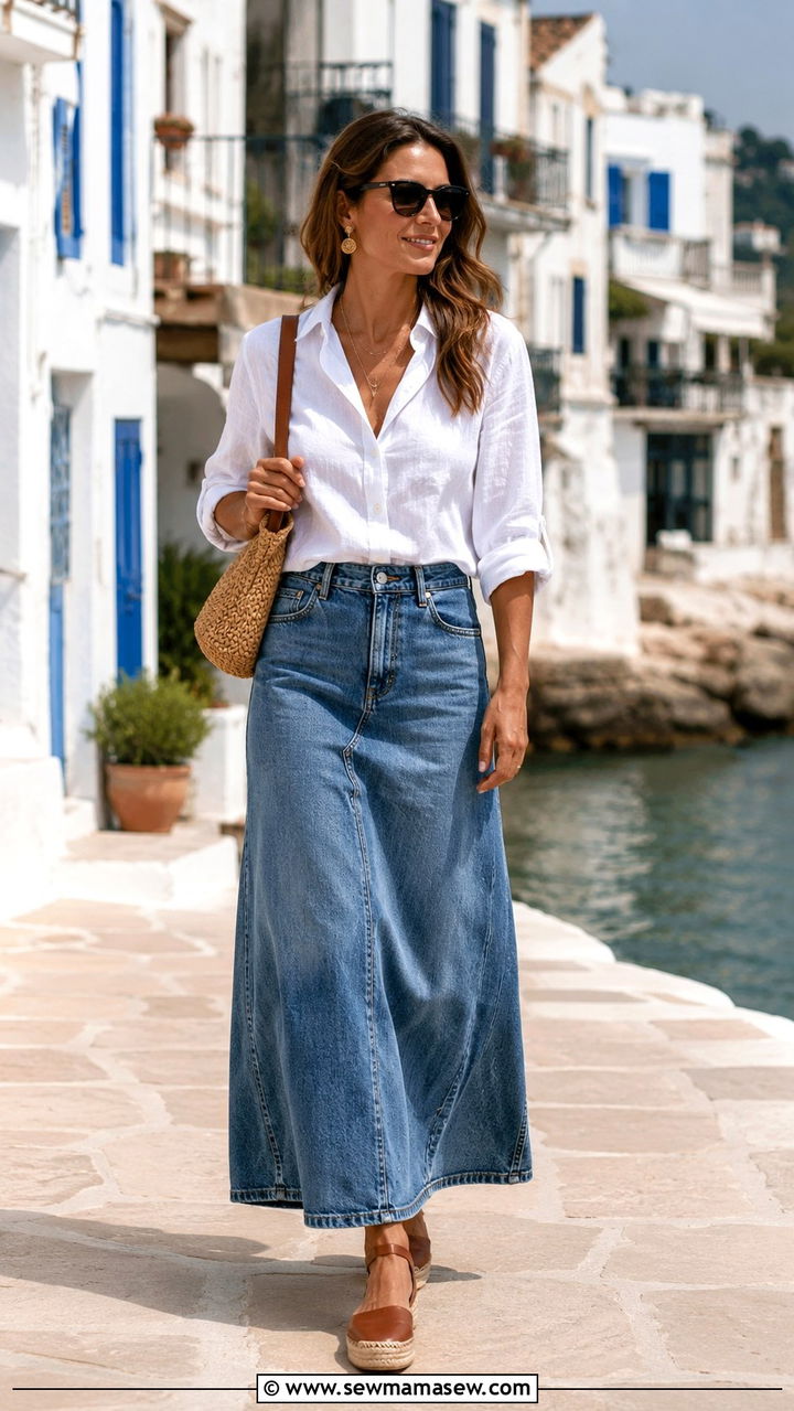 Button Down Shirt With A Denim Maxi Skirt Outfit - 30 how to style maxi skirt outfits