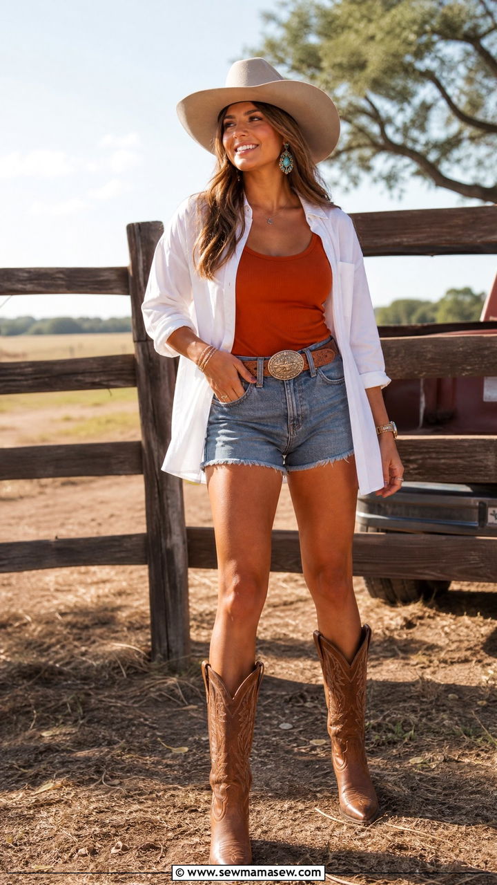 Button Down Shirt With Cowboy Hat And Boots Outfit - 20 Gameday outfit ideas Texas