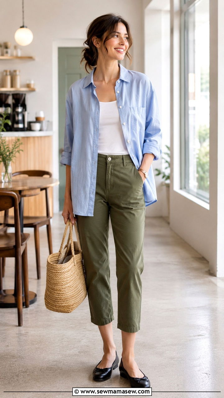 Button Down Shirt With Cropped Trousers and Flats - 30 rainy day outfits casual