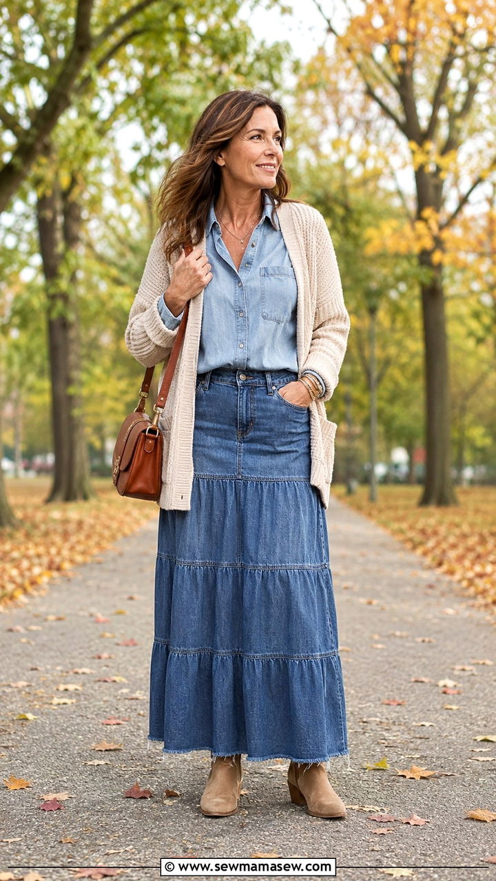 Button Down Shirt With Denim Maxi Skirt and Cardigan - 20 denim maxi skirt outfits for women over 40