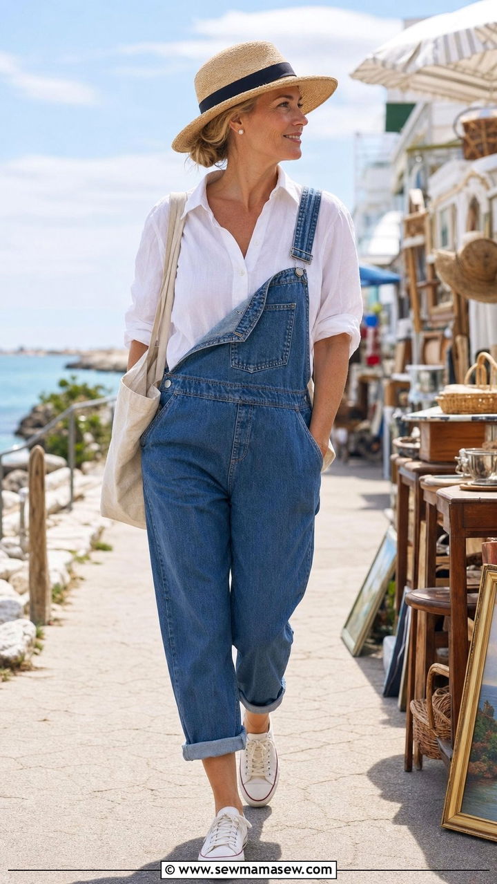 Button Down Shirt With Denim Overalls - 25 coastal grandmother outfits inspo