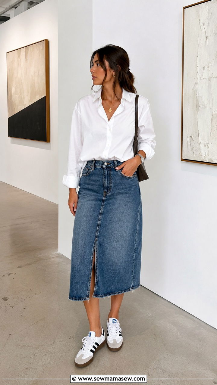 Button Down Shirt With Denim Skirt And Retro Sneakers - 30 Denim skirt outfit ideas with sneakers