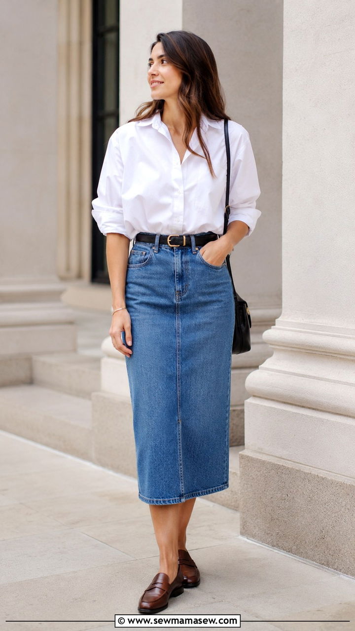 Button Down Shirt With Denim Skirt and Loafers - 30 Denim skirt outfit ideas for summer