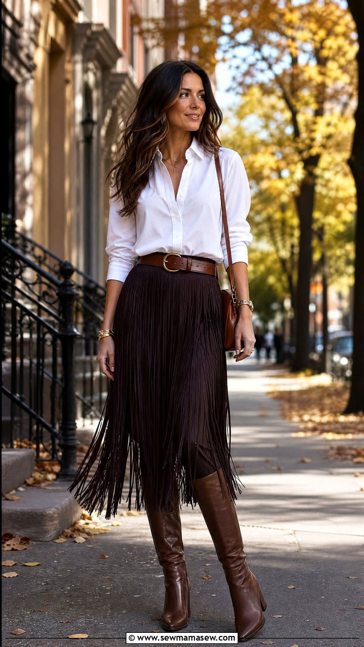 Button Down Shirt With Fringe Skirt and Tall Boots - 30 fringe skirt outfit ideas