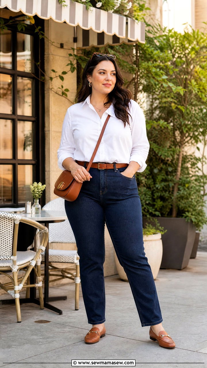 Button Down Shirt With High Waisted Jeans - 30 classy outfits for curvy women