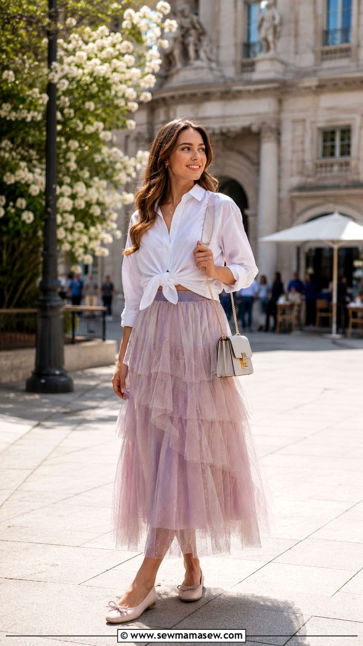 Button Down Shirt With Layered Tulle Maxi Skirt - 30 casual fairycore outfits