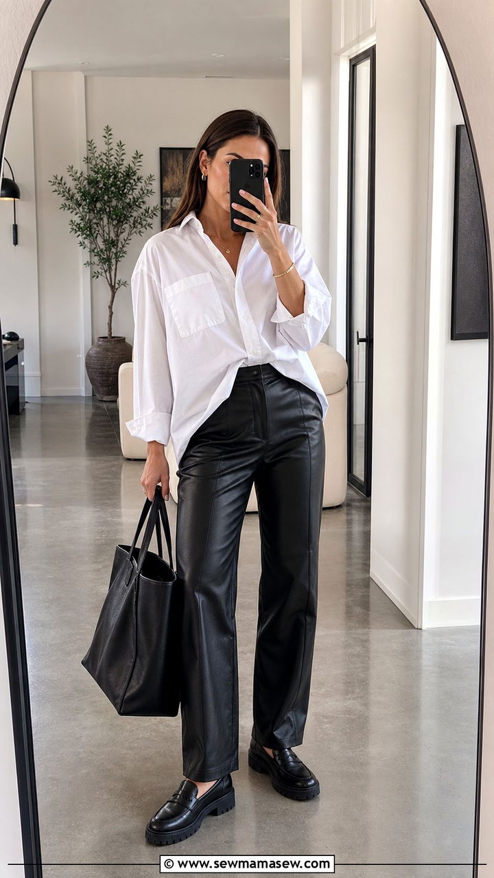 Button Down Shirt With Leather Trousers And Loafers - 25 classy streetwear outfits