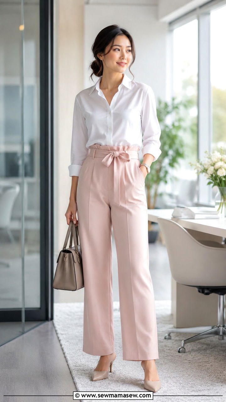 Button Down Shirt With Paperbag Waist Trousers - 30 spring petite outfit ideas