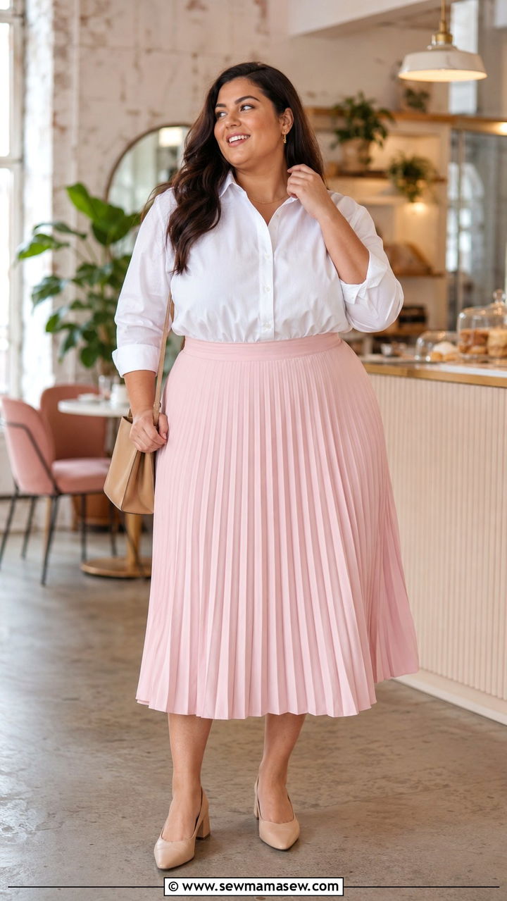 Button Down Shirt With Pleated Midi Skirt - 25 Plus size work outfit ideas 2026