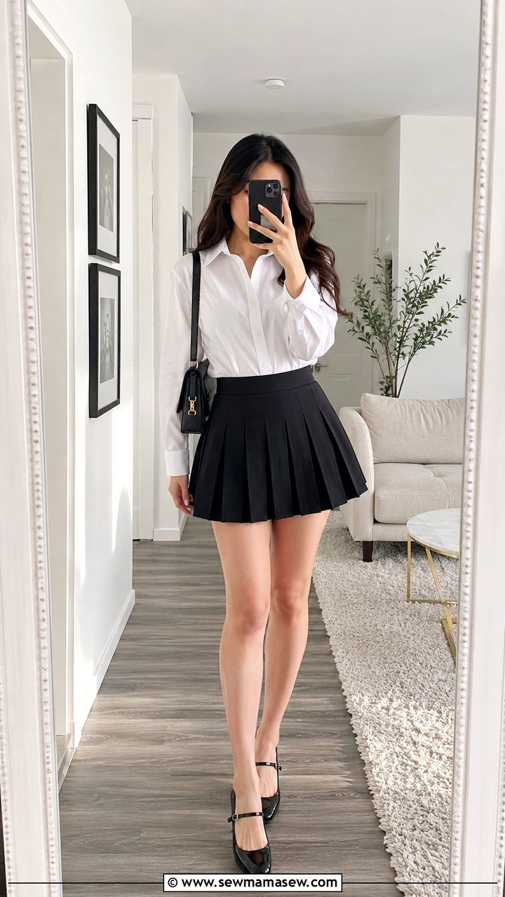 Button Down Shirt With Pleated Mini Skirt And Mary Jane Heels - 30 Pleated skirt outfit ideas with heels