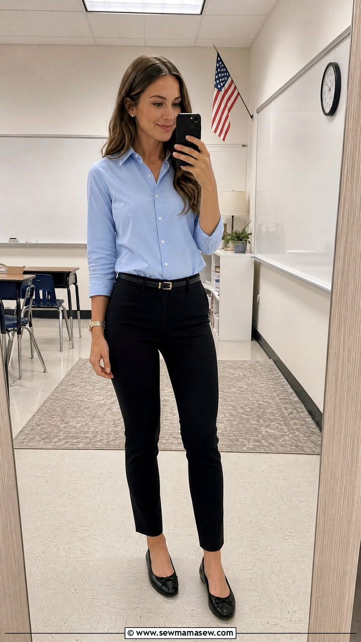 Button Down Shirt With Ponte Pants and Ballet Flats - 25 First year teacher outfit ideas