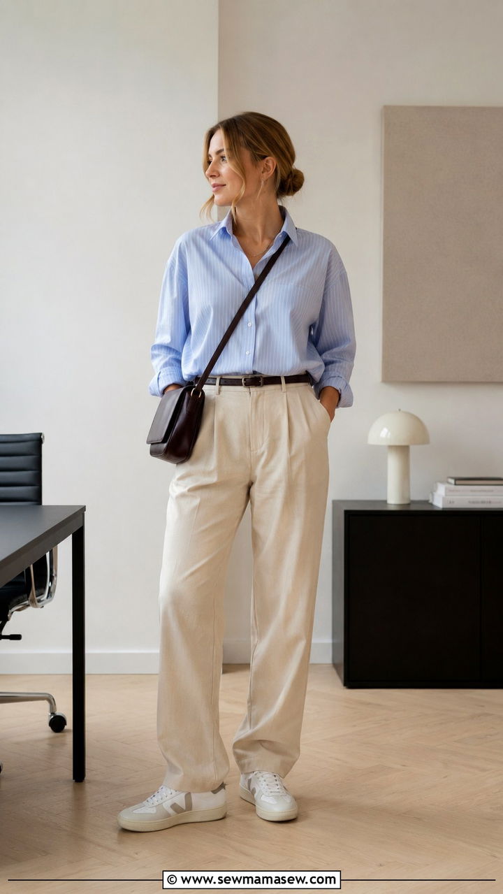 Button Down Shirt With Relaxed Trousers And Veja Sneakers - 30 Danish outfit ideas