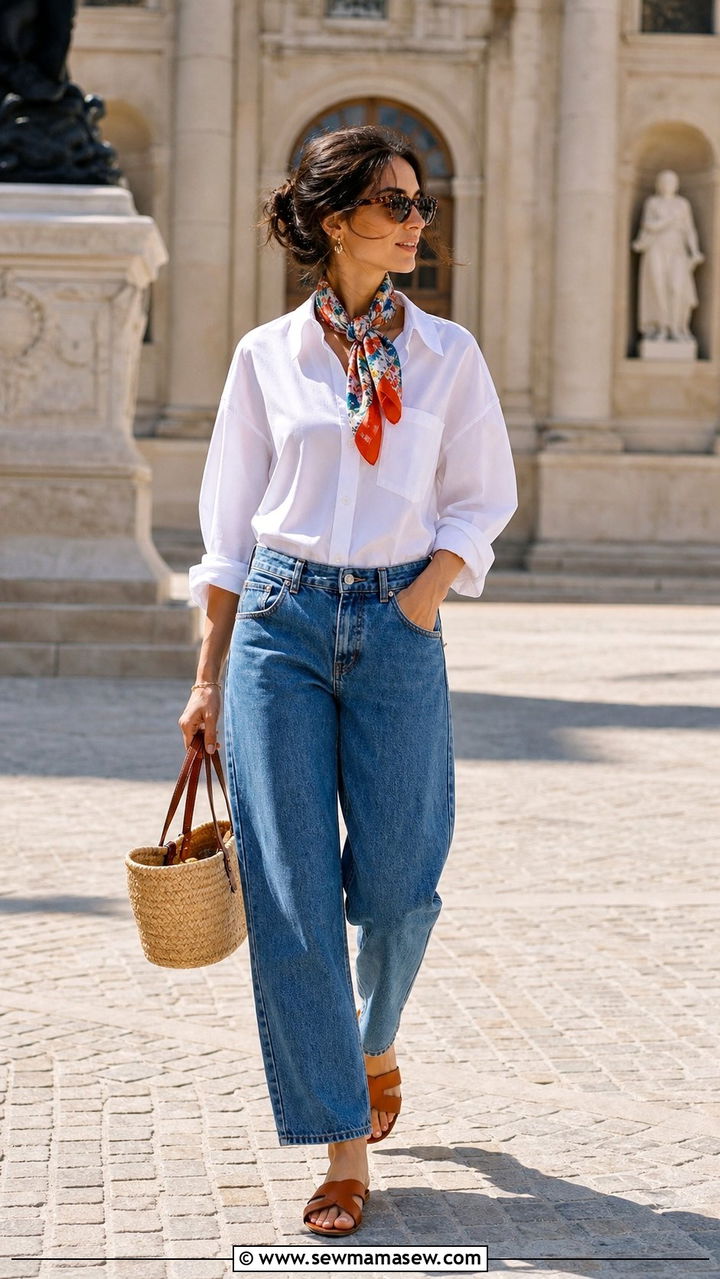 Button Down Shirt With Silk Scarf Outfit - 25 summer easy outfit formulas