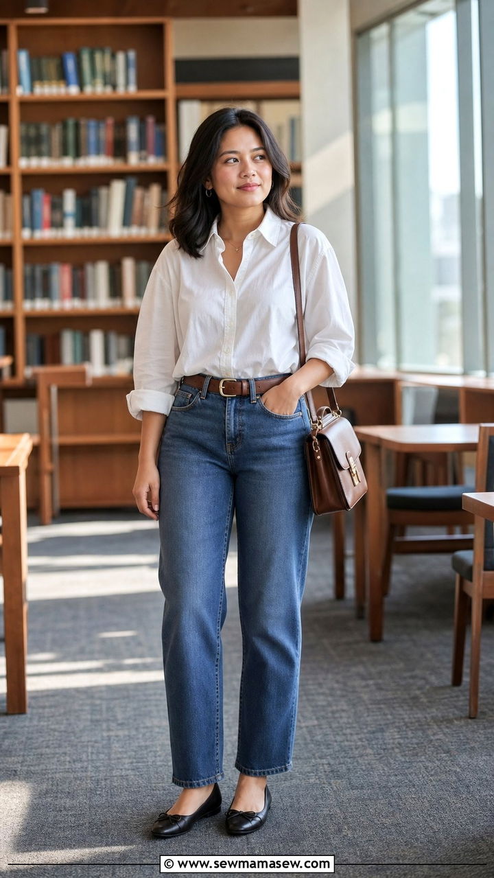 Button Down Shirt With Straight Leg Jeans and Ballet Flats - 25 College outfit ideas petite