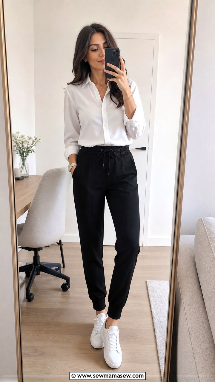 Button Down Shirt With Tailored Joggers And Clean Sneakers - 40 casual work outfits