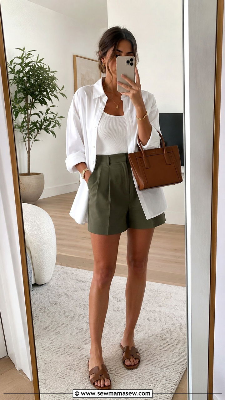 Button Down Shirt With Tailored Shorts - 30 transitional cute outfit ideas