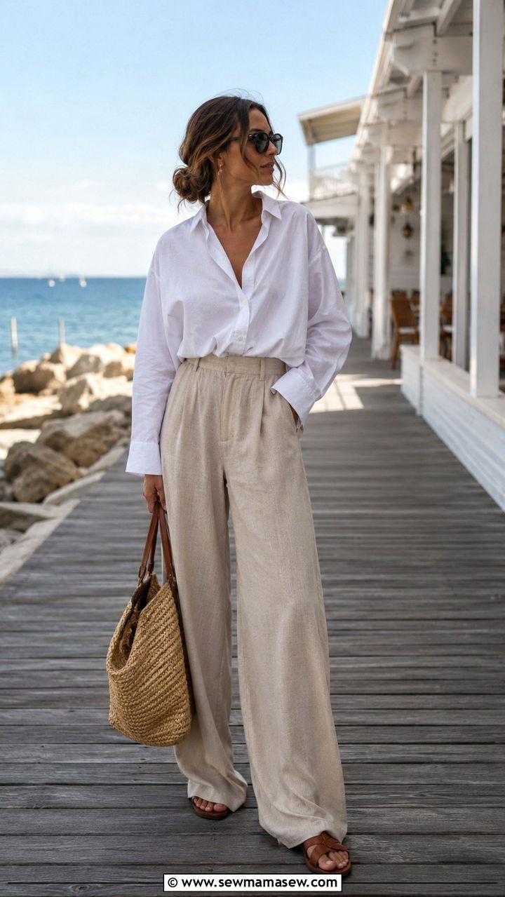 Button Down Shirt With Wide Leg Trousers And Flat Sandals - 30 casual trendy outfits