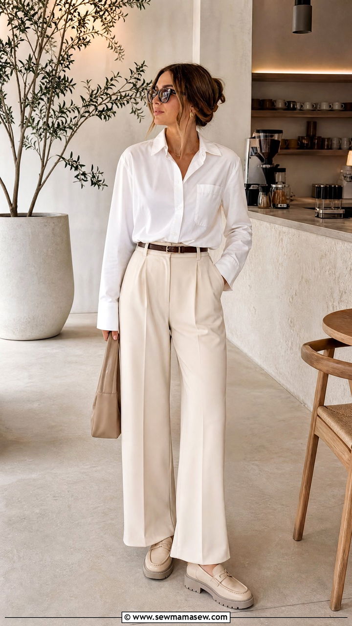 Button Down Shirt With Wide Leg Trousers And Loafers - 30 Elevated mom outfit ideas