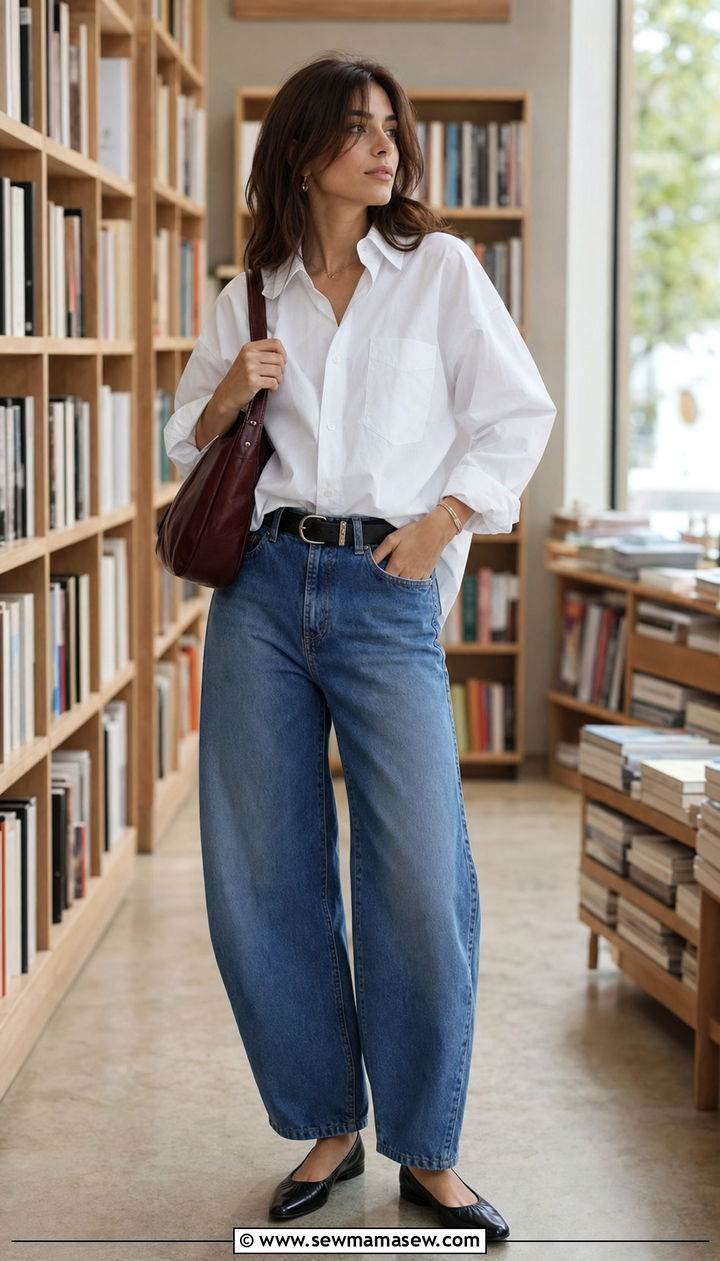 Button Down Shirt and Barrel Jeans with Ballet Flats - 25 Spring outfits with ballet flats