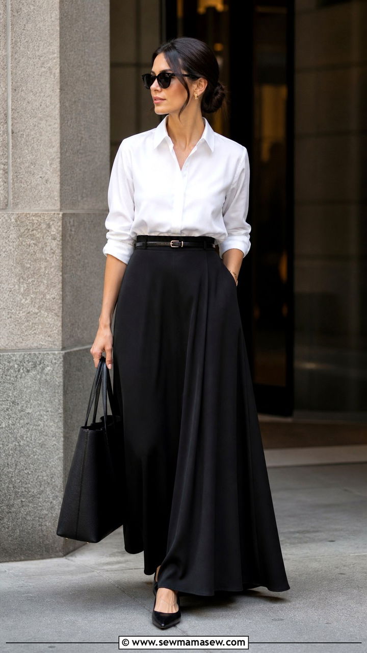 Button Down Shirt and Black Maxi Skirt - 40 cute maxi skirt outfits