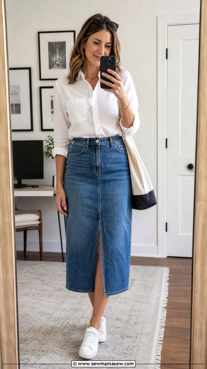 Button Down Shirt and Denim Midi Skirt Outfit - 35 June outfits for women