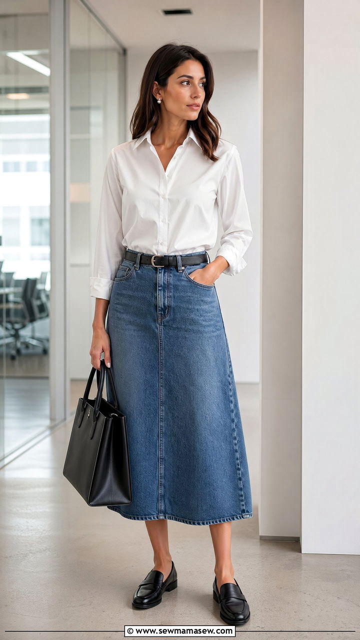 Button Down Shirt and Denim Skirt Outfit - 35 denim skirt outfit ideas for women
