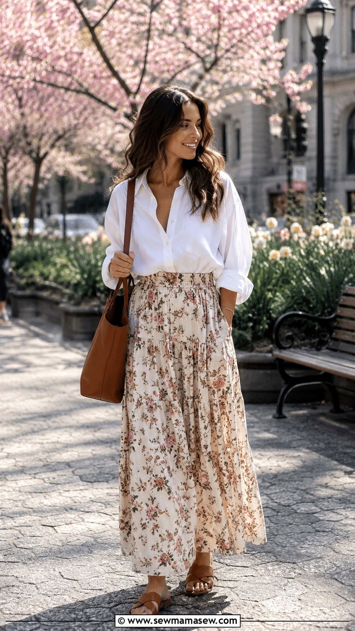 Button Down Shirt and Floral Maxi Skirt - 30 Romantic spring outfit ideas