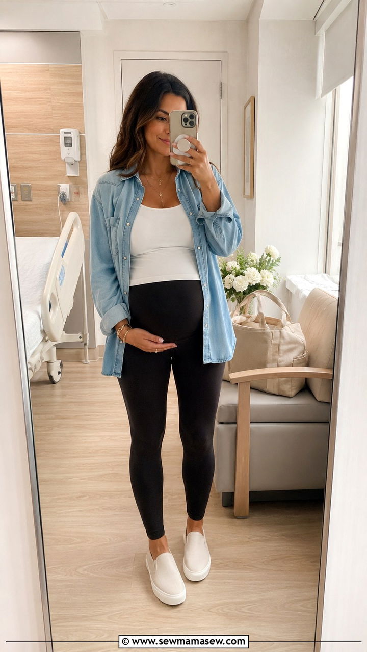 Button Down Shirt and High Waisted Maternity Leggings - 20 Maternity outfit ideas come home outfit