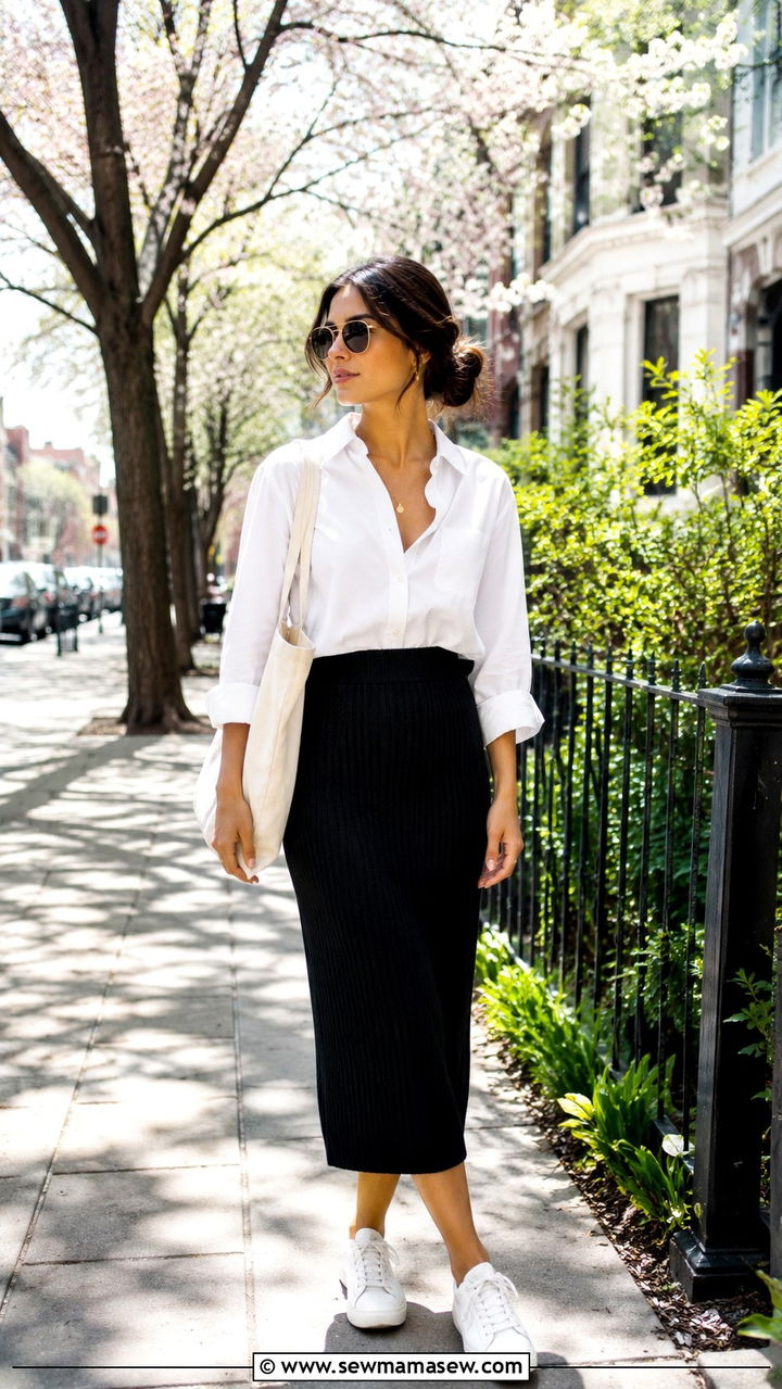 Button Down Shirt and Knit Midi Skirt Spring Outfit - 30 spring outfits 2026 women casual