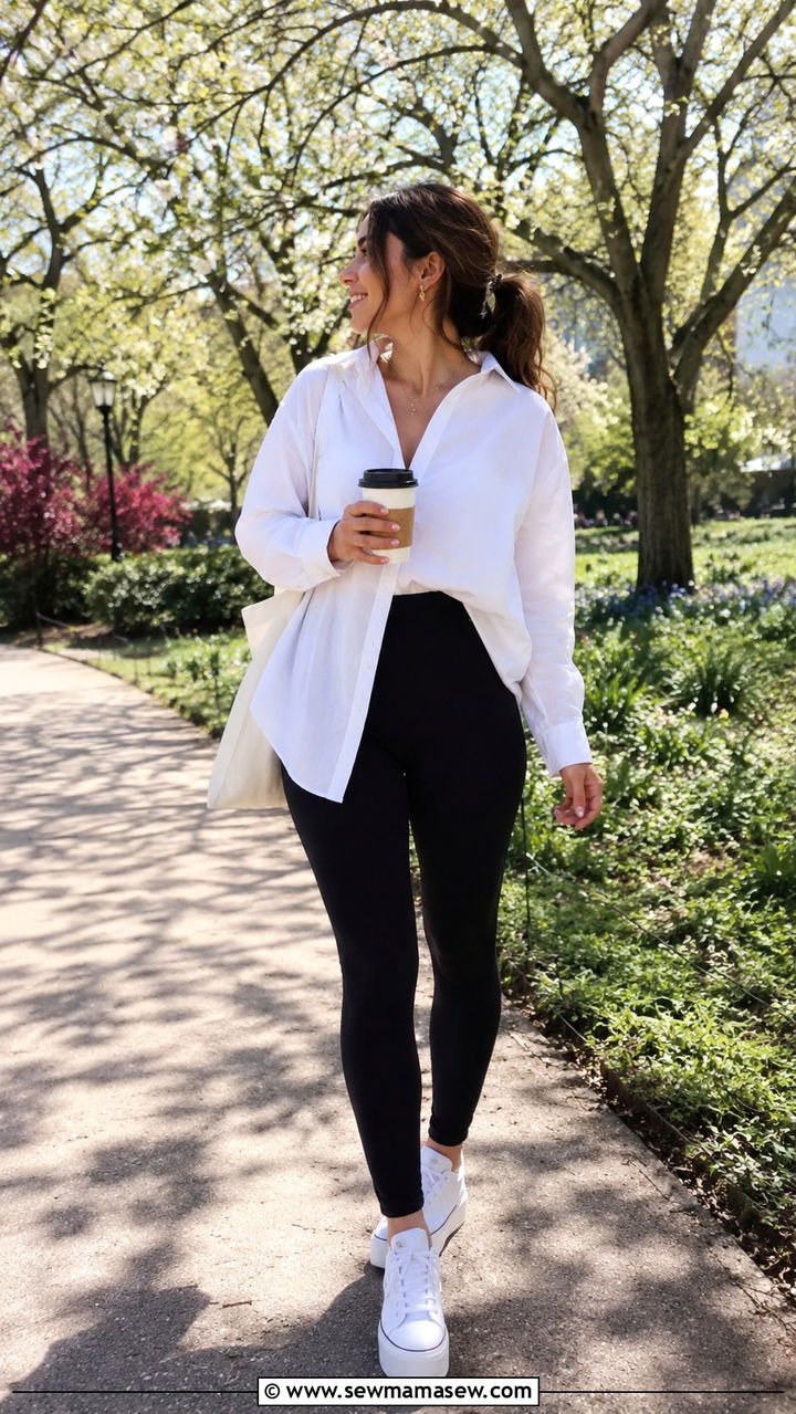 Button Down Shirt and Leggings Outfit - 30 spring outfits for postpartum women