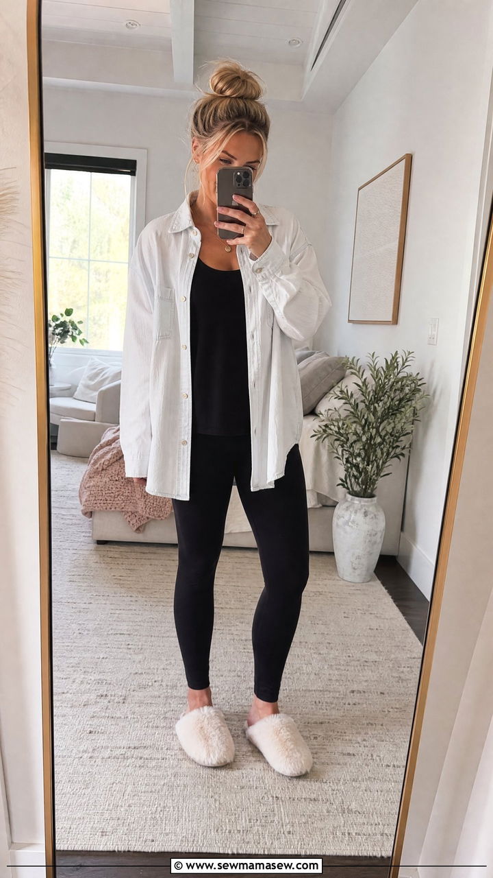 Button Down Shirt and Leggings - 25 Cozy sick day outfit ideas