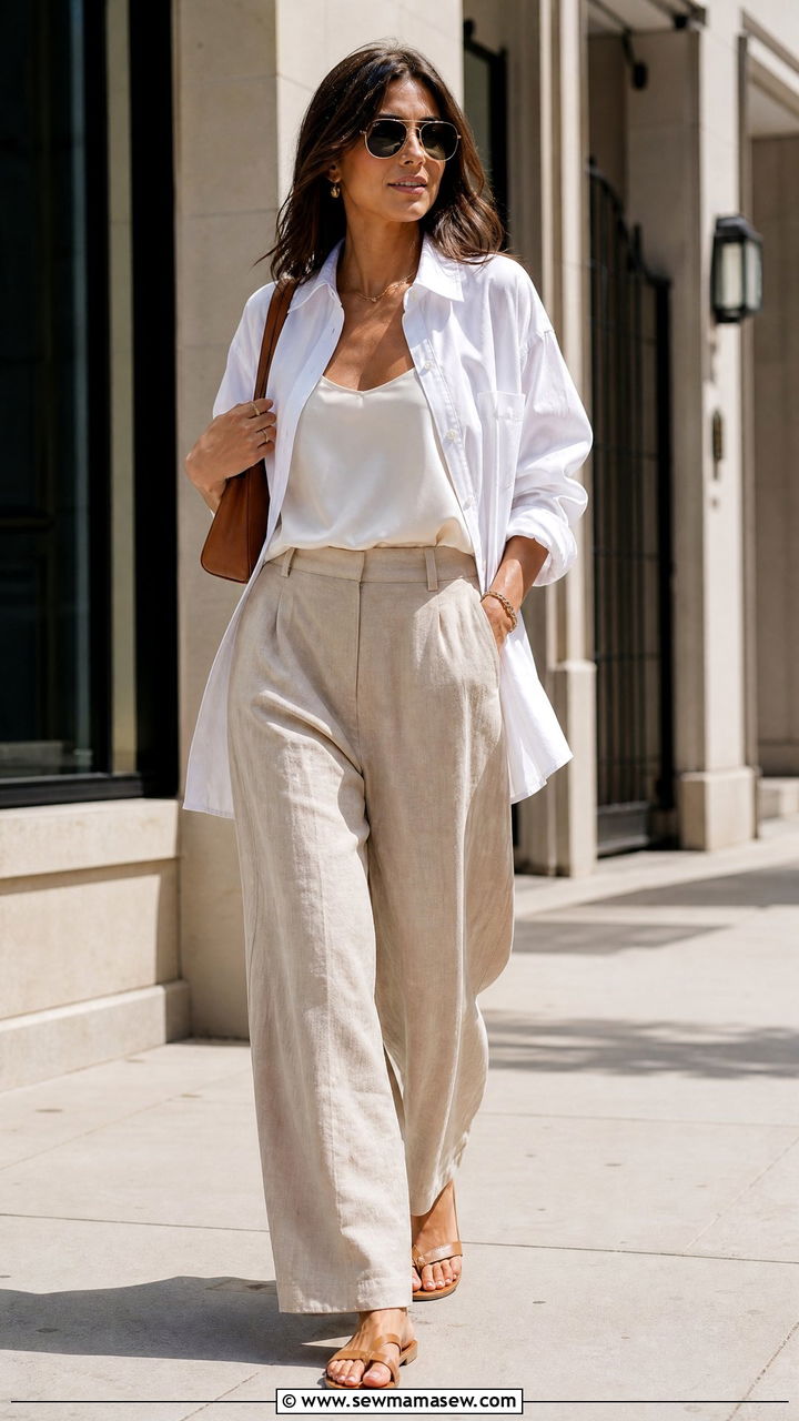 Button Down Shirt and Linen Trousers Outfit - 30 summer everyday outfits for women