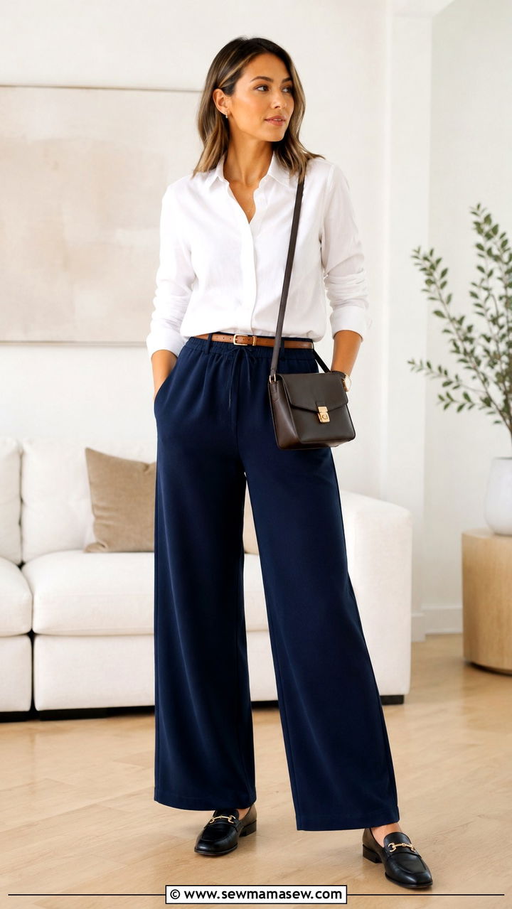 Button Down Shirt and Loafers with Wide Leg Joggers - 30 joggers outfit ideas for women