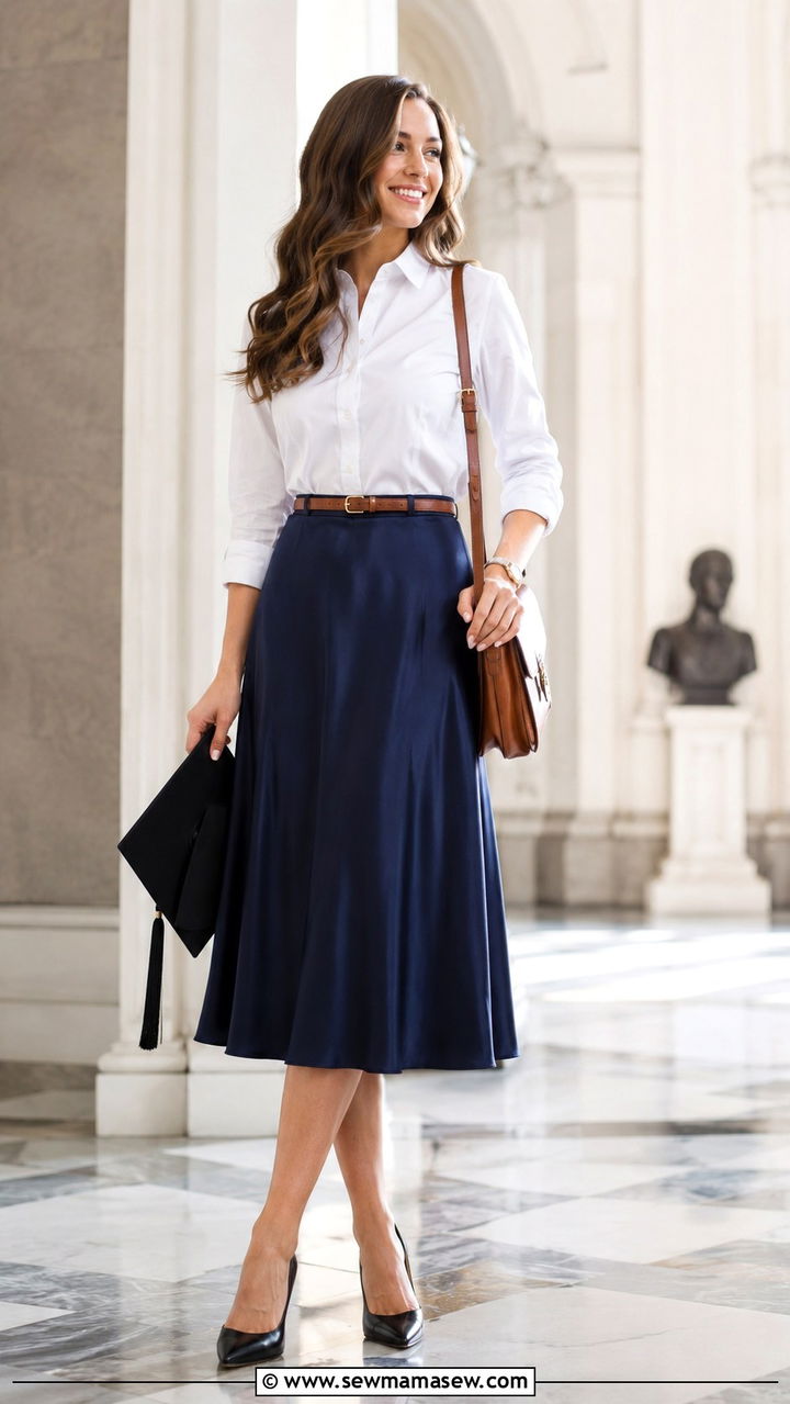 Button Down Shirt and Midi Skirt Graduation Outfit - 30 MBA graduation outfit ideas