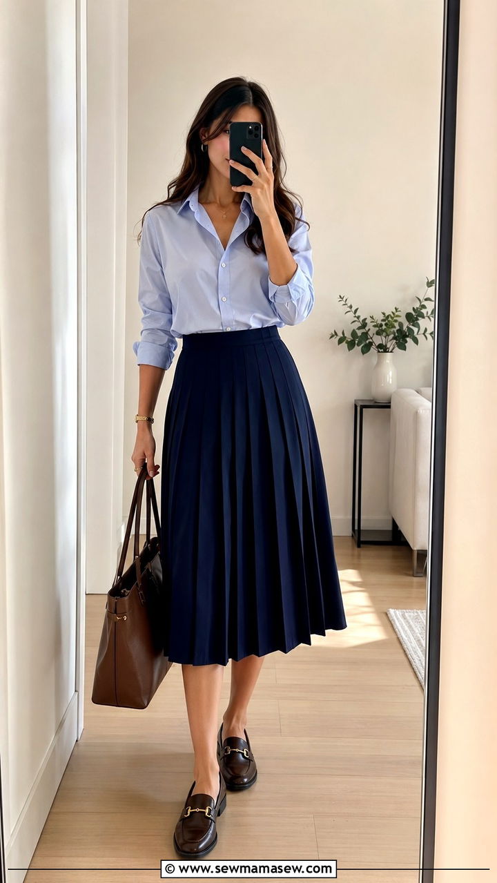 Button Down Shirt and Pleated Midi Skirt with Loafers - 30 Pleated skirt outfit ideas for summer