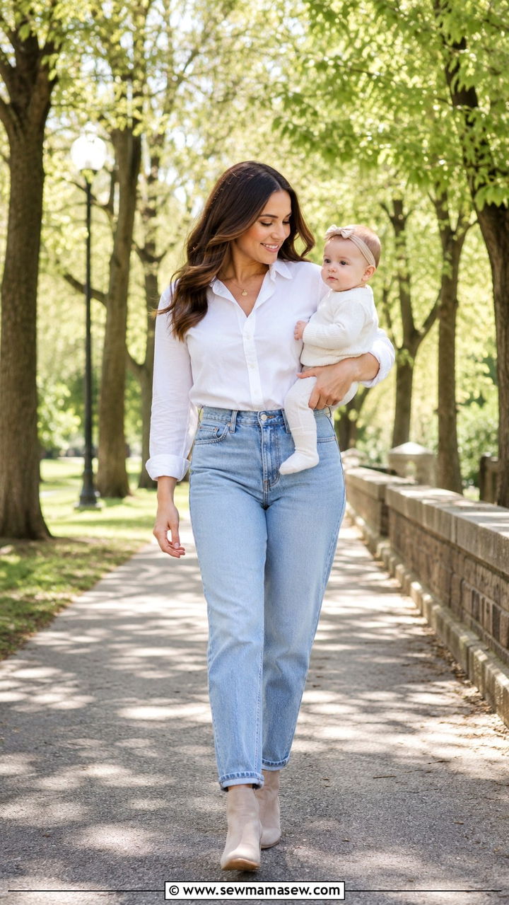Button Down Shirt and Relaxed Denim Postpartum Outfit - 20 Postpartum outfit ideas for photos