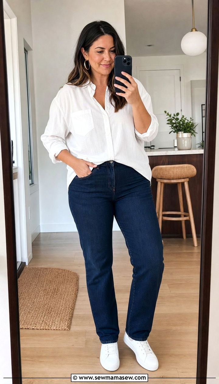 Button Down Shirt and Straight Leg Jeans for Apple Shape - 25 Cute outfits for apple shape