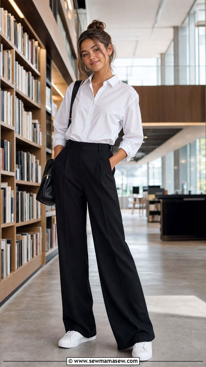 Button Down Shirt and Wide Leg Trousers Outfit - 35 Back to school outfit ideas 11th grade