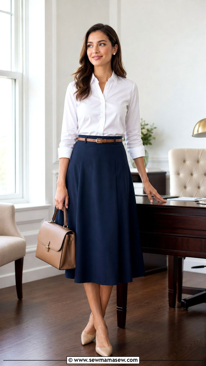 Button Down Shirt with A Line Midi Skirt Office Outfit - 40 office outfits for women