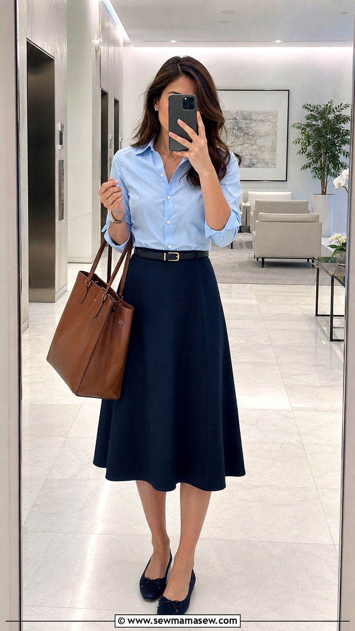 Button Down Shirt with A Line Skirt - 20 work outfits for women with wide hips