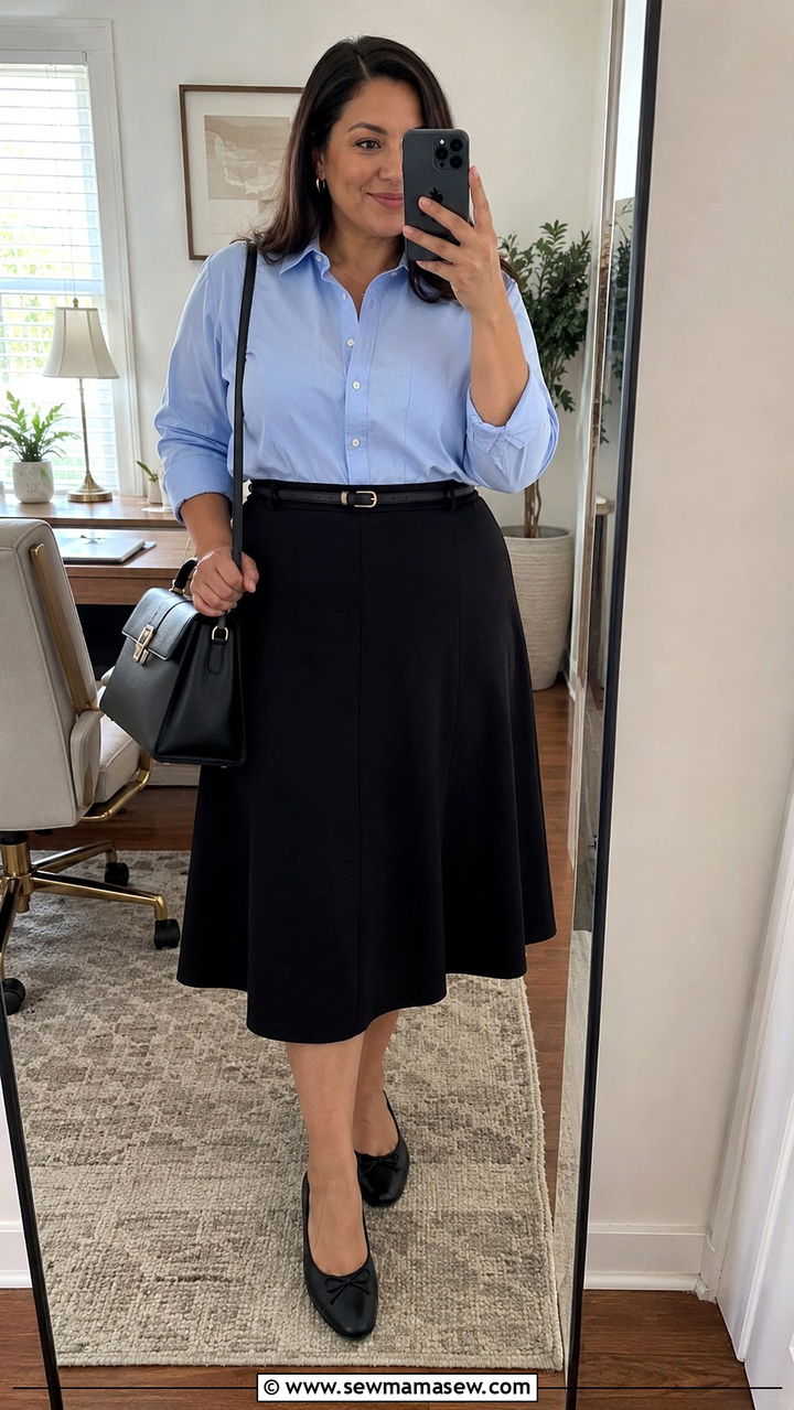 Button Down Shirt with A Line Skirt Outfit - 30 plus size office outfit ideas