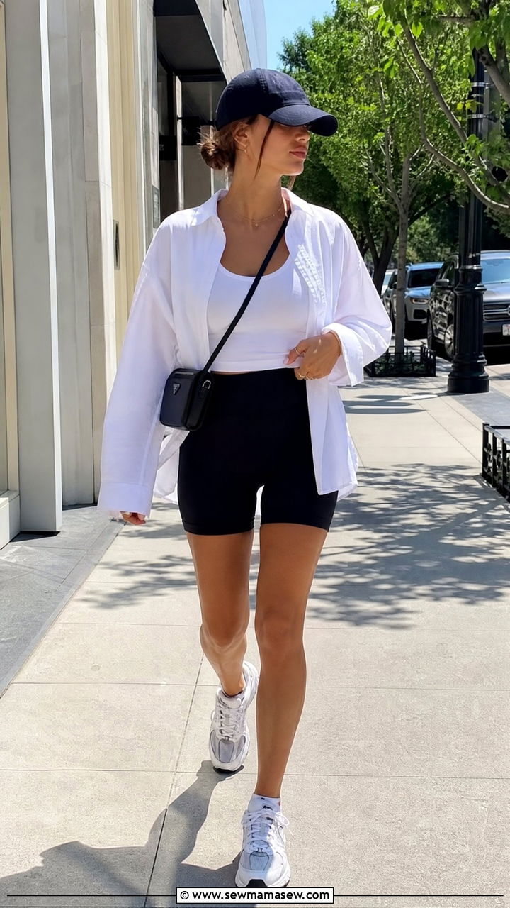 Button Down Shirt with Bike Shorts - 35 How to style a button down shirt