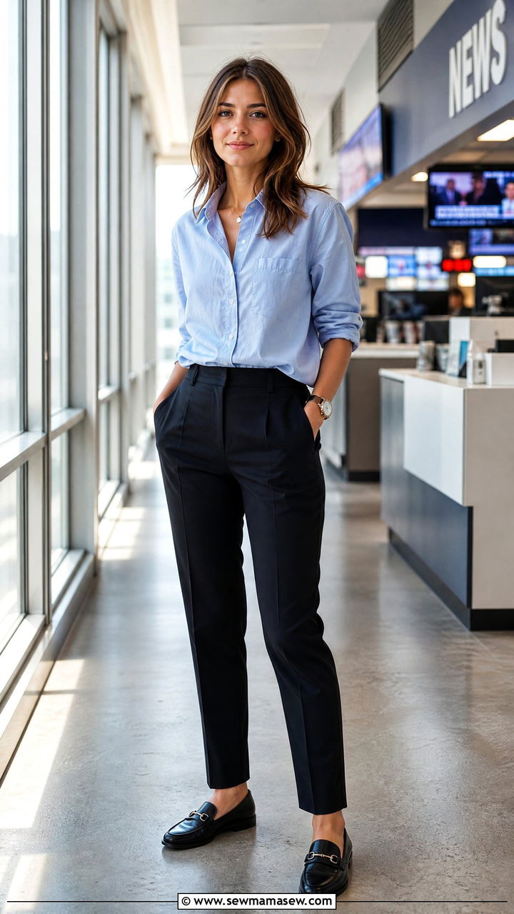 Button Down Shirt with Black Trousers - 25 Journalist outfit ideas