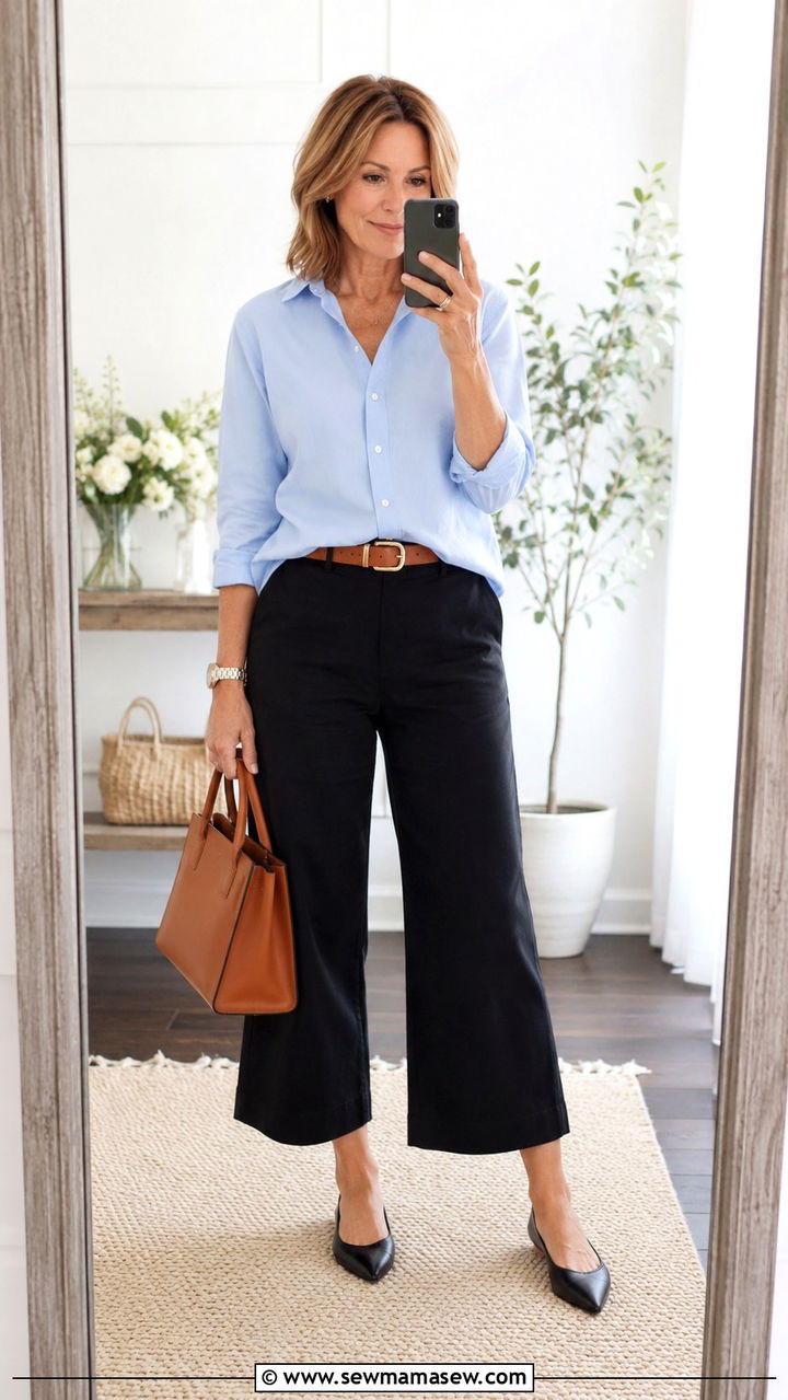 Button Down Shirt with Cropped Wide Leg Pants - 25 Weekend outfit ideas for women over 60