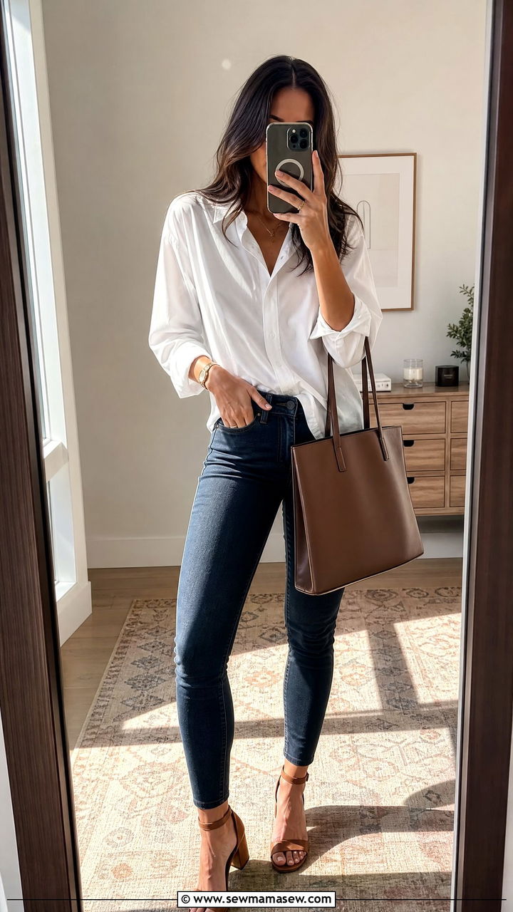 Button Down Shirt with Dark Skinny Jeans - 30 Summer outfits with skinny jeans